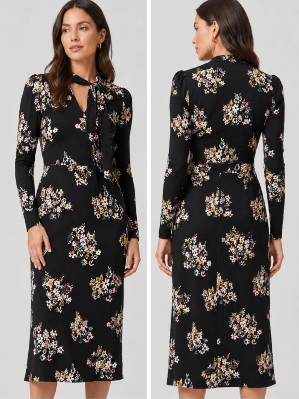 Boden Maisie Ponte Black Midi Dress Multicolor Floral Tie Neck Long Sleeves